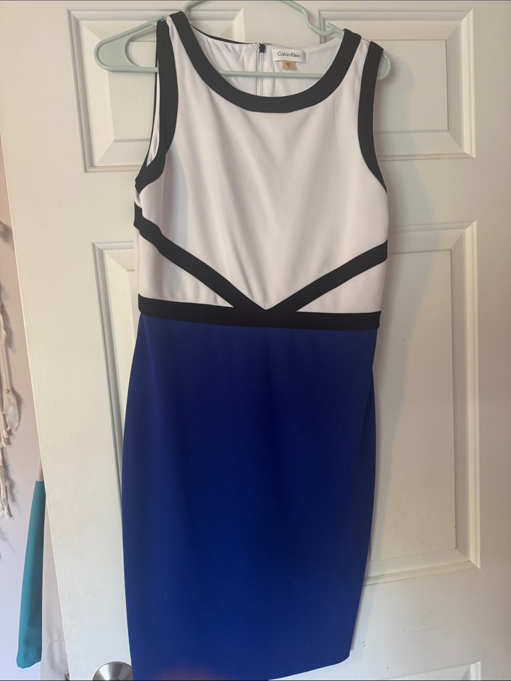 Calvin Klein White, Black & Blue Colorblock Midi Sheath Dress